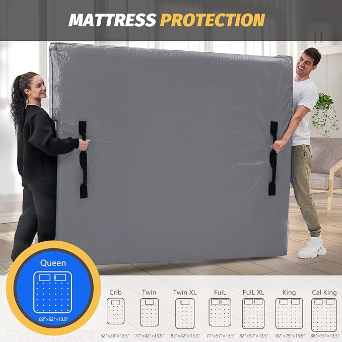 Mattress Bags for Moving and Storage, BETU Waterproof Mattress Protector Full XL Mattress Cover with 8 Heavy Duty Handles and Zipper Extra Thick Moving Supplies for Bed (2 Pack:82x57x13.5 Grey)