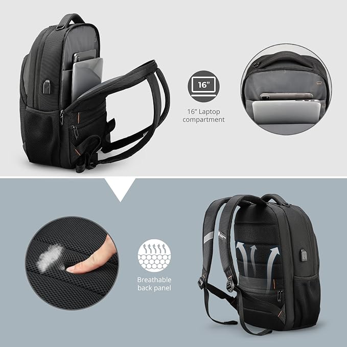 Swissdigital Design Travel Laptop Backpack, College Laptops Backpack with USB Charging Port for Men and Women Fits 16 Inch Notebook, Black | SD1670-01