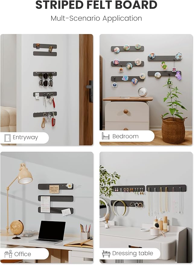 Cork Board Alternative Felt Strip Board 5-Pack 13"x2", Office Pin Board with 35 Push Pins, Adhesive Install for Bedroom Door & Home Office(Charcoal Gray)