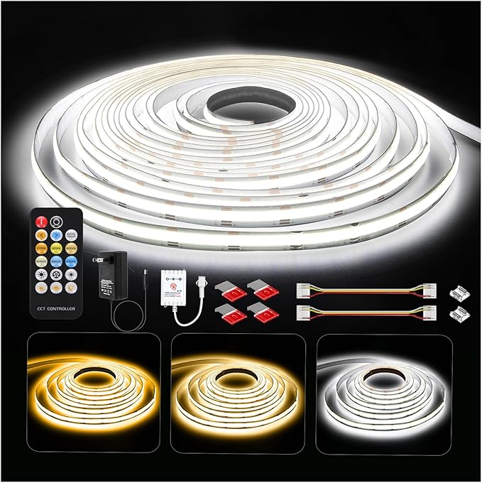 DAYBETTER COB LED Strip Lights, Tunable White(2700K-6500K) COB LED Lights with 6080 LEDs, 24V Adapter, RF Remote, Dimmable High Density Uniform LED Strip for Bedroom, Kitchen, Cabinet, CRI90+, 32.8ft