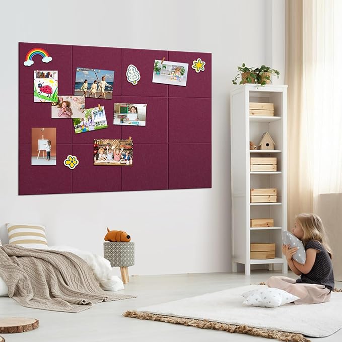 Large Bulletin Board 48" x 36" - 12 Pack Felt Wall Tiles with 60 Pcs Safe Removable Adhesive Tabs & 40 Pcs Pushpins, Cork Board for Office, School & Dart Wall Protector - Burgundy