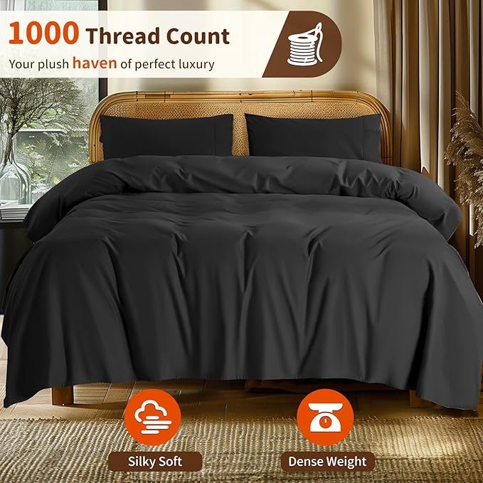 LBRO2M 1000 Thread Count 100% Egyptian Cotton Sheets Set Twin XL, 3 Piece Sets Bed Sheet Deep Pocket Sheet Set 16" Soft Comfortable All Season (Twin XL, Black)