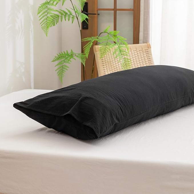 BESTOUCH 100% Washed Cotton Pillowcase for Hair and Skin Linen Feel Soft Comfortable Breathable 1 Pcs Pillow Case with Envelope Closure Solid Deep Dark Black Body 20x54 Inches