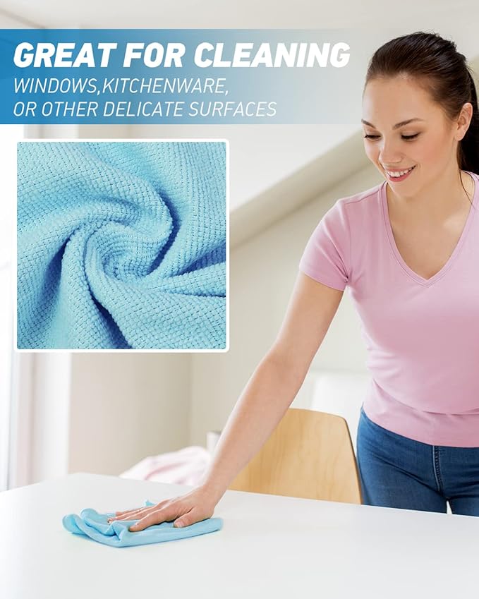 Microfiber Cleaning Cloth-24Pcs (13x13 inch) Ultra Soft Highly Absorbent Rags for Housekeeping-Machine Wash (Blue)