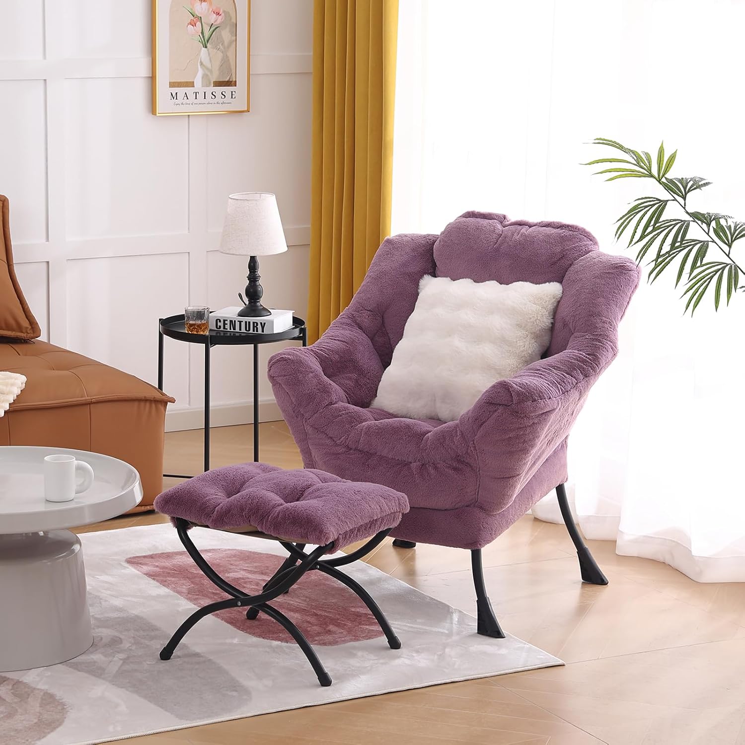 Lazy Chair with Ottoman, Large Pink Accent Chair with Ottoman and FA Throw Pillow, Comfy Plush Reading Chair for Living Room Bedroom Dorm Room Office Apartment Relaxing Use Dormly