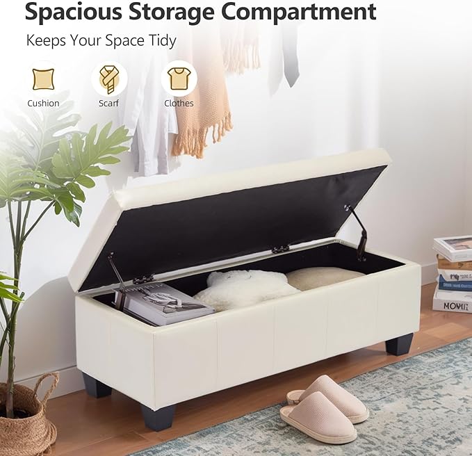 Faux Leather Ottoman with Storage, 42 Inch Rectangular Storage Ottoman Bench with Safety Hinged Lid, Large Upholstered End of Bench for Bedroom Entryway Living Room, Beige