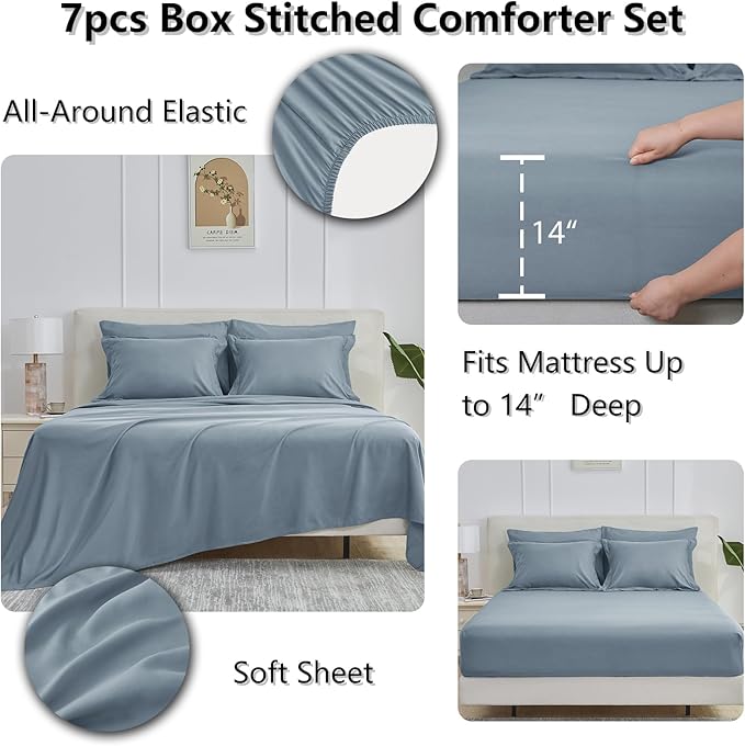 CozyLux Full Size Comforter Sets Grayish Blue - 7 Pieces Bed in a Bag Full, Oeko-Tex Certified Bed Set, All Season Soft Bedding Set with Down Alternative Comforter, Sheets, Pillowcases & Pillow Shams