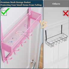Consumest Over The Door Hooks Organizer - Over Door Hanger with 16 Hooks & 2 Baskets for Hanging Coat, Clothing, Towel, Back Storage for Bathroom, Closet, College Dorm, Pink