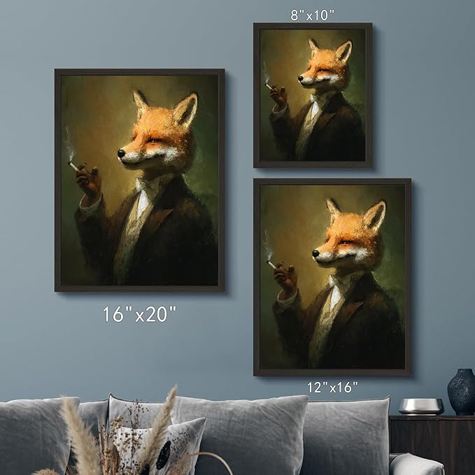 Funny Elegant Animal Wall Art Print Mr. Fox In Thinking Poster Vintage Canvas Art Wall Decor Picture For Bedroom Office Bathroom Wall Decor Aesthetic Home Artwork 8" × 10" With Framed