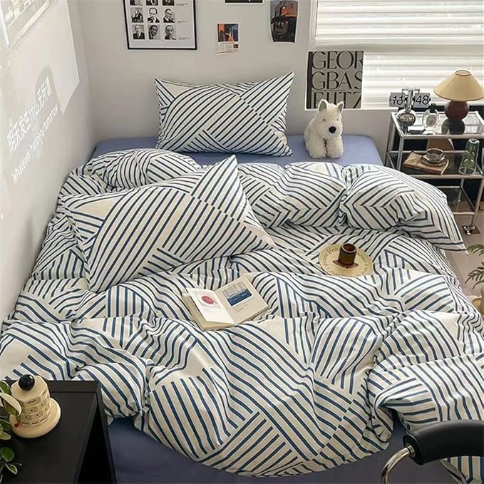 VM VOUGEMARKET Blue Striped Bedding Set King,Instagram Style Geometric Duvet Cover with Zipper Ties 100% Cotton Modern Fashion Bedding Set for Men Women-104x90 Inch