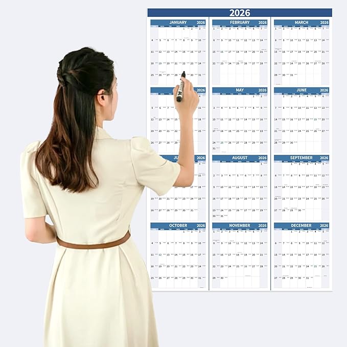 2026 Wall Calendar 34.8" x 22.8" Large Vertical Yearly Wall Hanging Calenda with Julian Date Thick Paper Calendar 12 Month Annual Wall Planner for Wall Office Fridge(Blue)