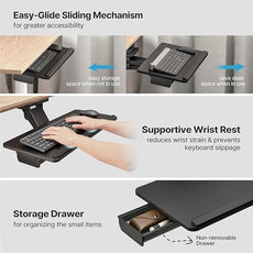 Keyboard Tray Under Desk with Storage Drawer, Height Adjustable Keyboard Tray Slide Out Swivel Tilt, Ergonomic Under Desk Mount Keyboard & Mouse Holder for Gaming Home Office, 25x11'', Black