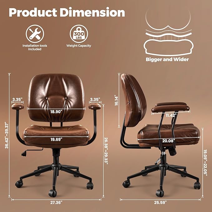 ovios Ergonomic Office Chair, Mid Back Faux Leather Executive Chairs with Thick Cushion, Comfy Mid-Century Modern Swivel Rolling Computer Armchair (Dark Brown, PU Leather)