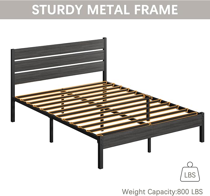 Queen Bed Frame with Headboard and Footboard, Metal Platform Bed Frame with Under Bed Storage, All-Metal Support System, No Box Spring Needed, Easy Assembly,Vintage Grey