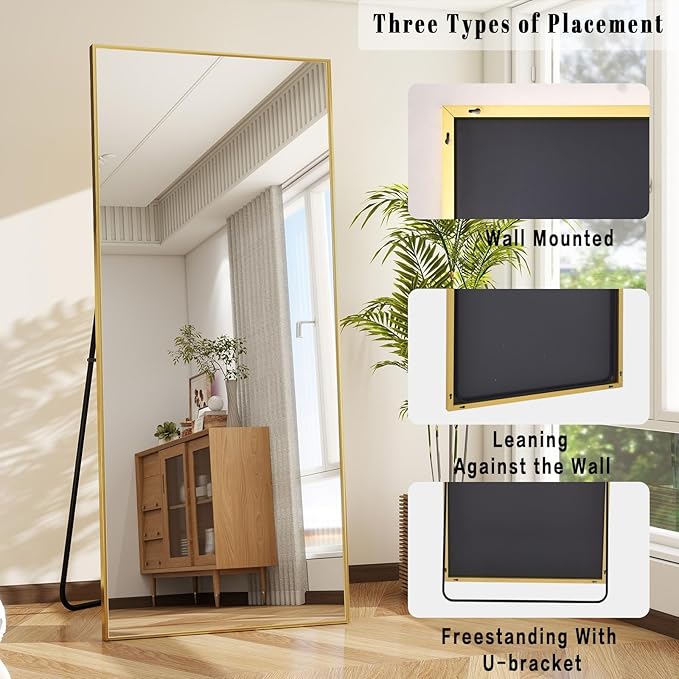 BEAUTYPEAK Full Length Mirror with Stand, 65"x24" Floor Mirror with Aluminum Alloy Thin Frame, ShatterVue Tempered Full Body Mirrors, Free Standing or Wall-Mounted Mirrors for Living Room, Gold