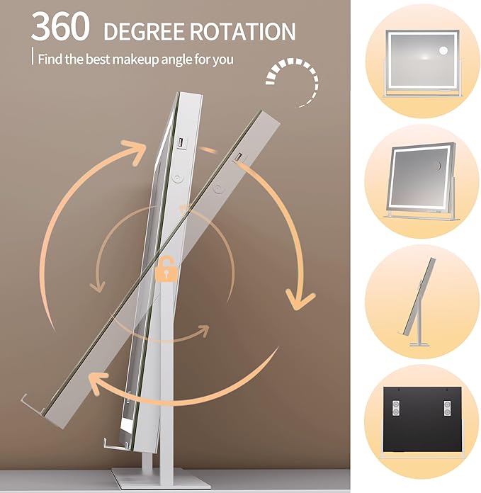 Hasipu Vanity Mirror with Lights, 25.6" x 21.3" LED Makeup Mirror, Light up Mirror with 10X Magnification and Phone Holder, USB Charging Port, Smart Touch 3 Colors Dimmable, 360° Rotation (White)