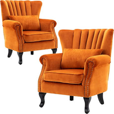 Velvet Accent Chairs Set of 2 with Arm Comfy Living Room Chair Mid-Century Modern Wingback Side Chair Single Sofa Couch for Bedroom Guest Room, Orange