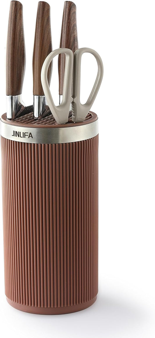 Knife Block Without Knives, JINLIFA Kitchen Knife Holder Block, Universal Knife Storage Organizer Stand Rack for Countertop (Stylish Brown Color)