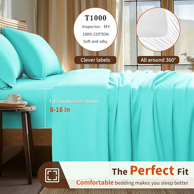 LBRO2M 1000 Thread Count 100% Cotton Sheets Set,Queen Size Bed Sheet 4 Piece Sets,Long Staple,16 Inches Deep Pocket,All Season,Bedding Super Soft Comforterble Breathable,Sateen(Lake Green)