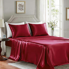 Satin Sheets California King Size - 4 Pieces Luxury Silky Soft Bed Sheets, Wrinkle-Free Burgundy Satin Silk Sheet Set with 1 Deep Pocket Fitted Sheet, 1 Flat Sheet, 2 Pillow Cases