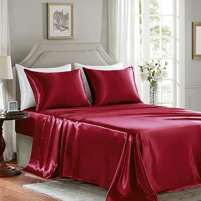 Satin Sheets King Size - 4 Pieces Luxury Silky Soft Bed Sheets, Wrinkle-Free Burgundy Satin Silk Sheet Set with 1 Deep Pocket Fitted Sheet, 1 Flat Sheet, 2 Pillow Cases
