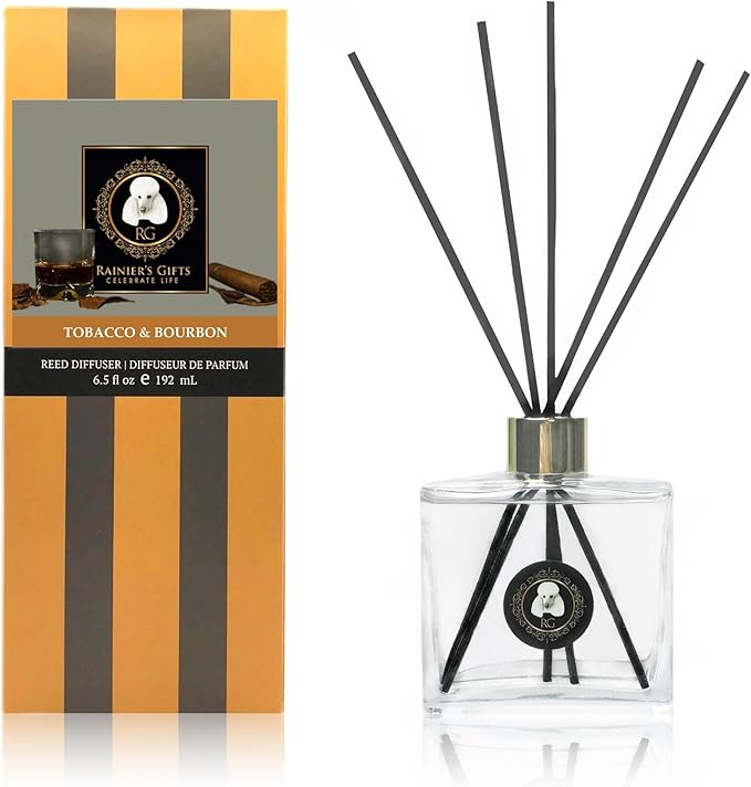 Rainier’s Gifts Reed Diffuser Set (Tobacco & Bourbon) - Scented Oil Diffuser Sticks - Home Fragrance Aromatherapy Air Freshener 6.5 fl oz