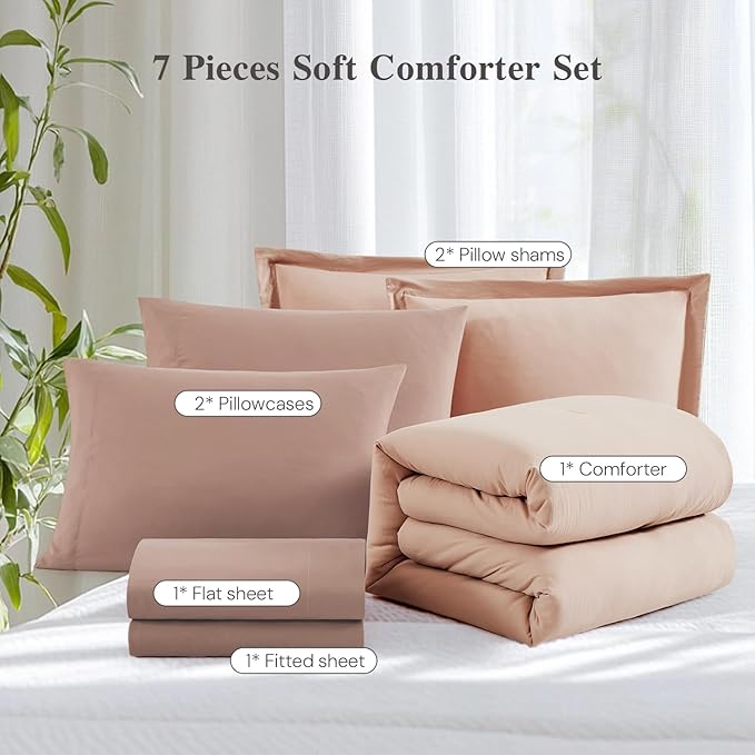WRENSONGE Full Size Comforter Set- 7 Pieces Clay Pink Bed in a Bag Full Size Comforter with Fitted Sheet, Flat Sheet, 2 Pillow Shams, 2 Pillowcases, Warm Bedding Sets for All Season