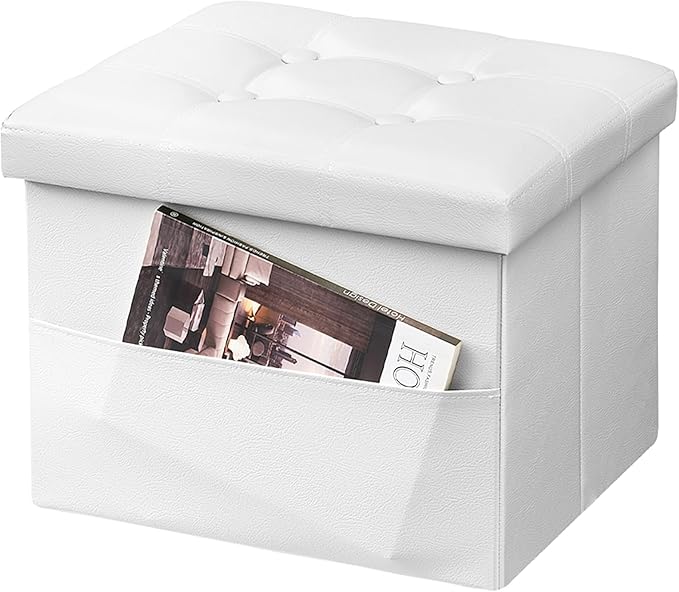 AmasSmile Storage Ottoman Folding Foot Rest Stool with Side Pocket, 17 inch Leather Footstool Bench, Short Ottoman Bench, Storage Foot Rest Store, Blanket Chest, White