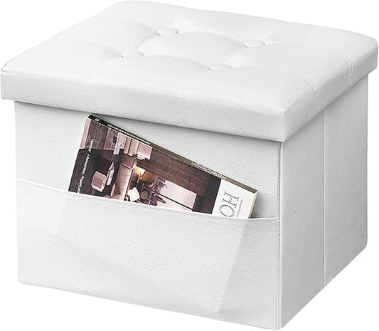 AmasSmile Storage Ottoman Folding Foot Rest Stool with Side Pocket, 17 inch Leather Footstool Bench, Short Ottoman Bench, Storage Foot Rest Store, Blanket Chest, White