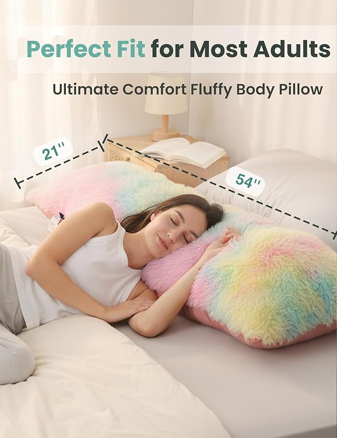 ZonLi Fluffy Faux Fur Rainbow Body Pillow,Adjustable Memory Foam Fill with Washable Cover，20x54 Long Pillow for Adults Girls & Kids, Side Sleep Body Pillow
