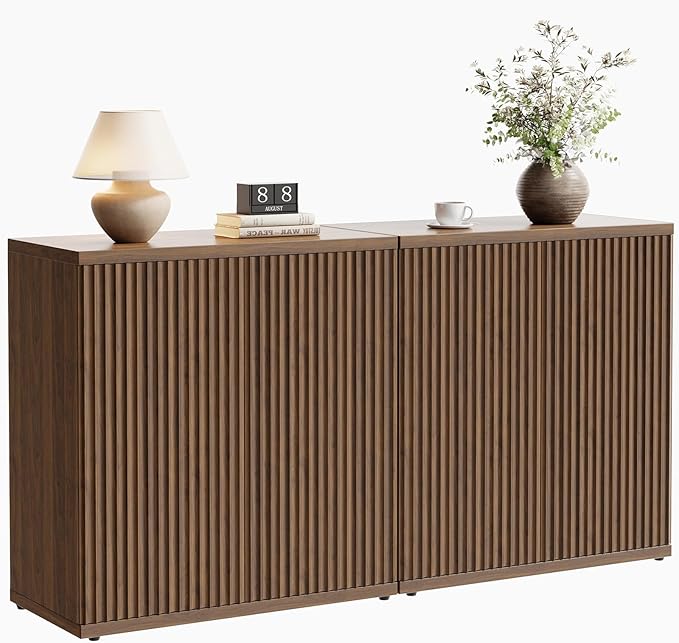 Fluted Buffet Cabinet Sideboard with Storage,Wooden Credenza with 2 Doors&Adjustable Shelve, Modern Accent Cabinets Coffee Bar Bookcase for Living Room,Kitchen Dining Room Entryway 15"D Brown