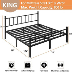 zizin King Size Metal Bed Frame with Headboard & Footboard 14 Inch Metal Platform Mattress Foundation Support with Steel Slat, Under Bed Storage, No Box Spring Needed