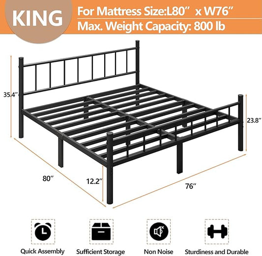 zizin King Size Metal Bed Frame with Headboard & Footboard 14 Inch Metal Platform Mattress Foundation Support with Steel Slat, Under Bed Storage, No Box Spring Needed
