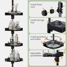 Corner Shower Caddy Tension Pole, 4 Tiers Rotating Shower Organizer for Bathroom Shelf Bathtub, Adjustable Standing Shower Rack Bathroom Accessories, Easily Assemble, 34-124 Inch Height,Black