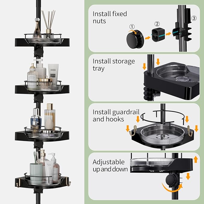 Corner Shower Caddy Tension Pole, 4 Tiers Rotating Shower Organizer for Bathroom Shelf Bathtub, Adjustable Standing Shower Rack Bathroom Accessories, Easily Assemble, 34-124 Inch Height,Black