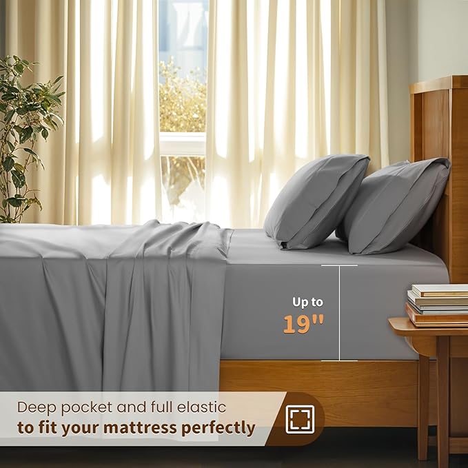 LBRO2M 100% Cotton Sheets Set Deep Pocket 19", 1000 Thread Count Queen Size 4 Piece Bed Sheet Sets Soft Comfortable Bedding All Season (Queen, Gray)
