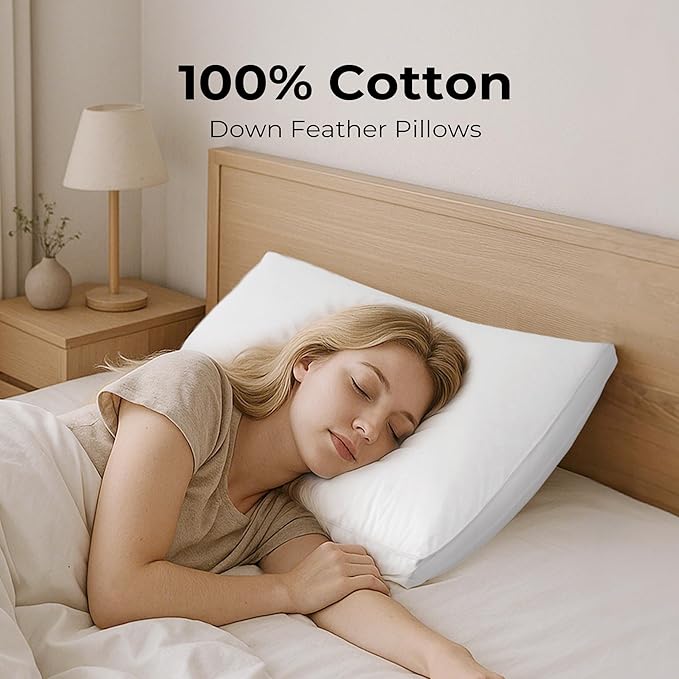 UNIKOME White Goose Down Feather Gusseted Pillows - 100% Cotton Cover - Queen Size Pillow Set of 2, Made in Japan Pillow for Sleeping