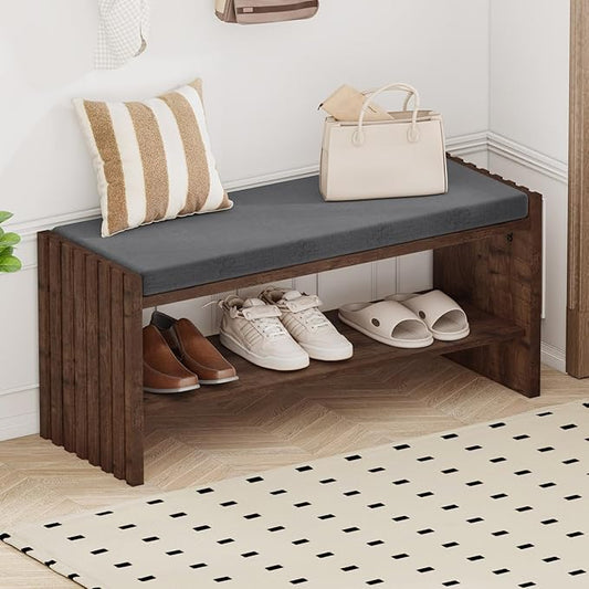 BON AUGURE Mudroom Entryway Bench with Shoe Storage, Shoe Rack Bench with Cushion, 2-Tier Wood Benches for Bedroom, Living Room, Hall (Rustic Oak, 40 in Wide)