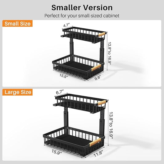 PXRACK 1 Pack Under Sink Organizer,Adjustable Height,2 Tier Pull Out Under Cabinet Organizer,Slide Out Thickened Metal Under Sink Storage for Kitchen Bathroom Laundry Cabinet Pantry,Black(S)
