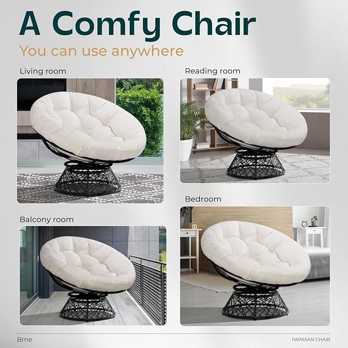 Bme 40" Ergonomic Wicker Papasan Chair with Soft Thick Density Fabric Cushion, High Capacity Steel Frame, 360 Degree Swivel for Living, Bedroom, Reading Room, Lounge