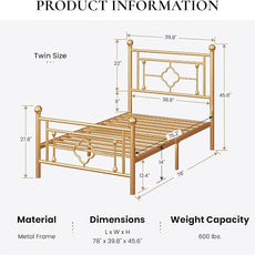SHA CERLIN 14 Inches Twin Size Metal Platform Bed Frame/Vintage Iron-Art Headboard and Footboard/Mattress Foundation/No Box Spring Needed/Noise-Free/Easy Assembly/Gold