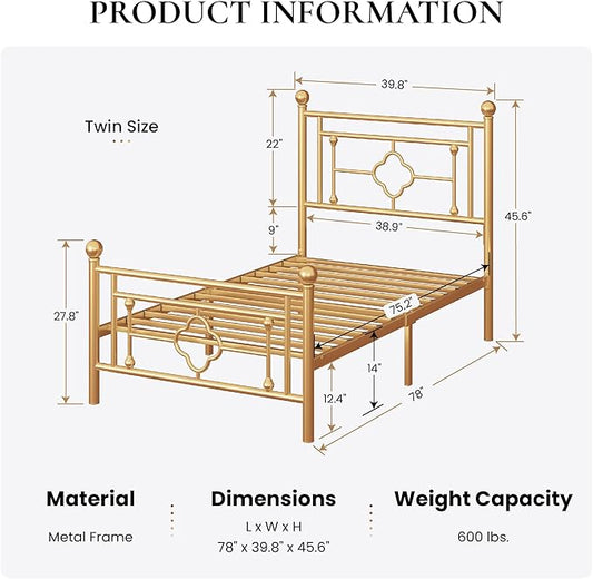 SHA CERLIN 14 Inches Twin Size Metal Platform Bed Frame/Vintage Iron-Art Headboard and Footboard/Mattress Foundation/No Box Spring Needed/Noise-Free/Easy Assembly/Gold