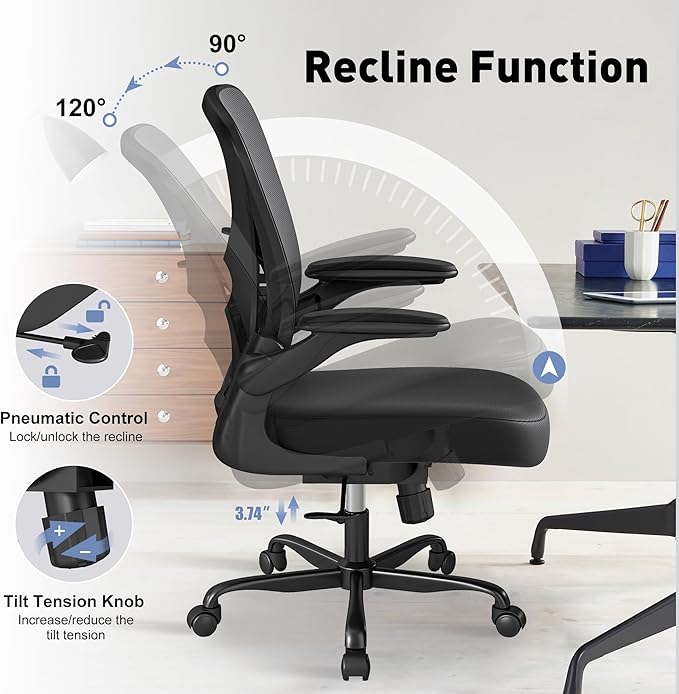 ZZH Mesh Office Chair with Adjustable Lumbar Support and Flip-up Arms, Ergonomic Home Office Desk Chair with Wheels, Black