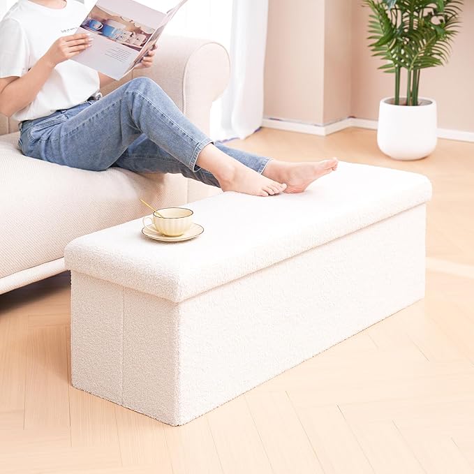 PINPLUS Folding Storage Ottoman Bench, Upholstered Sherpa Ottoman, Large Storage Chest Footrest Footstool with Lids, Entryway Bench for Living Room Bedroom, White, 43.3'' x 15'' x 15''