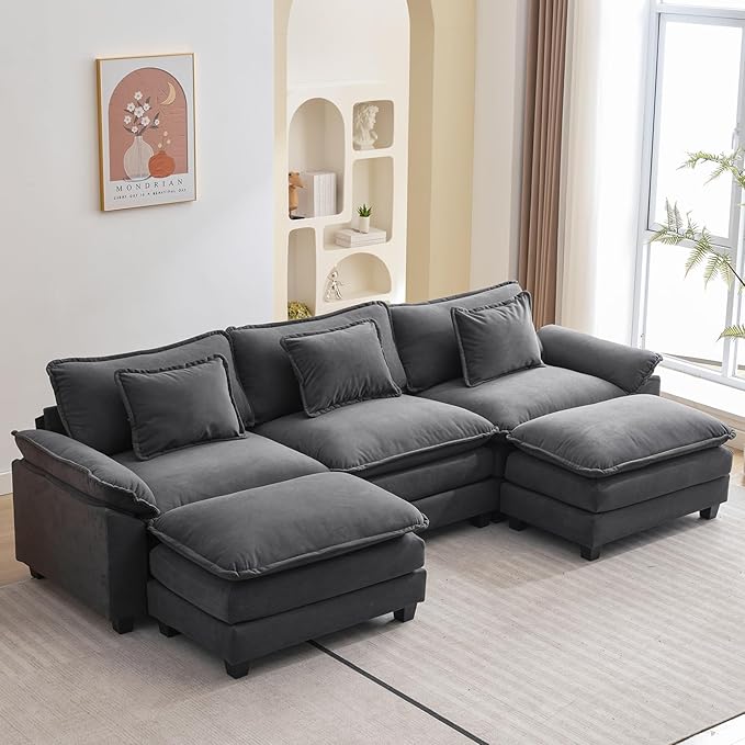 120" Modular Sectional Sofa, Comfy Cloud Couch Sectional Sofa with Ottoman, Chenille Sofa Sleeper Deep Seat Sofa with Throw Pillows for Living Room (Blue Gray, 120"- U Shape)