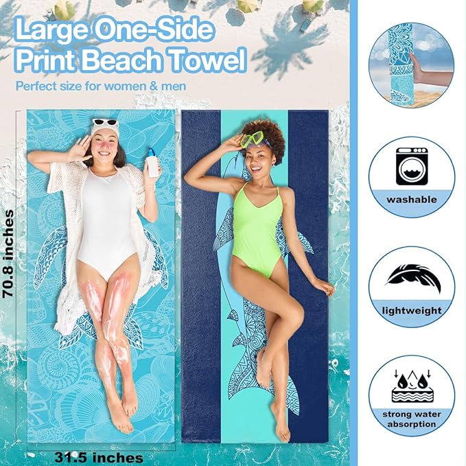 2 Pack Ocean Sea Turtle Shark Beach Towel Microfiber Thin Lightweight Quick Dry Oversized Swim Towels Beach Accessories Cruise Vacation Necessities for Bathroom Pool Camping Travel 32x71 inch