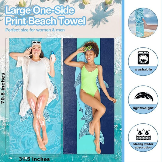 2 Pack Ocean Sea Turtle Shark Beach Towel Microfiber Thin Lightweight Quick Dry Oversized Swim Towels Beach Accessories Cruise Vacation Necessities for Bathroom Pool Camping Travel 32x71 inch