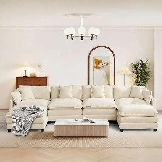 SoarFlash 149.61" Chenille Sectional Sofa, Comfy U Shaped Modular Coush Sofa with Ottoman, Modern 4 Seat Couch Deep Seat Sofa Set for Living Room,Beige