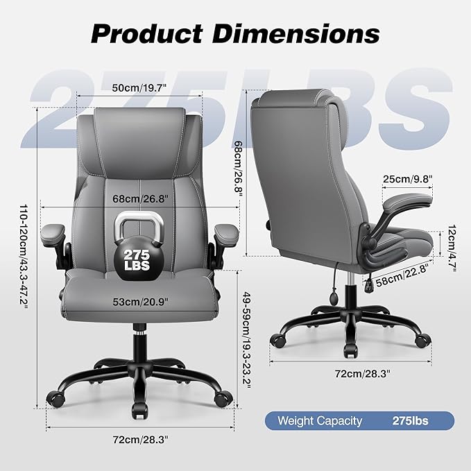 Ergonomic Office Chair - Desk Computer Chair, Leather High Back Executive Chairs with Adjustable Lumbar Support for Adults, Rolling Swivel Tilt, Gray