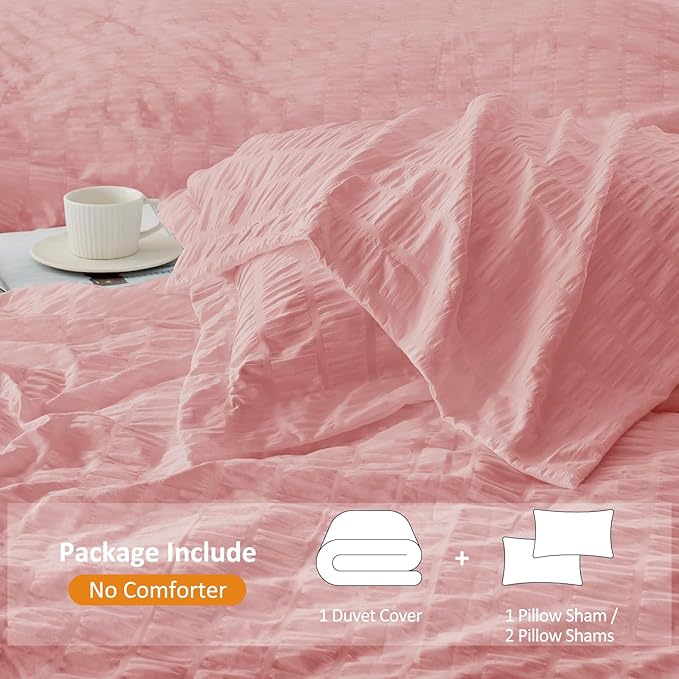 Cozyide Pink Duvet Cover King Size, 3 Pieces Bedding Duvet Covers, Soft Breathable Seersucker Duvet Cover Set with Zipper Closure and Corner Ties (1 Duvet Cover 104"x90" + 2 Pillow Shams 20"x36")
